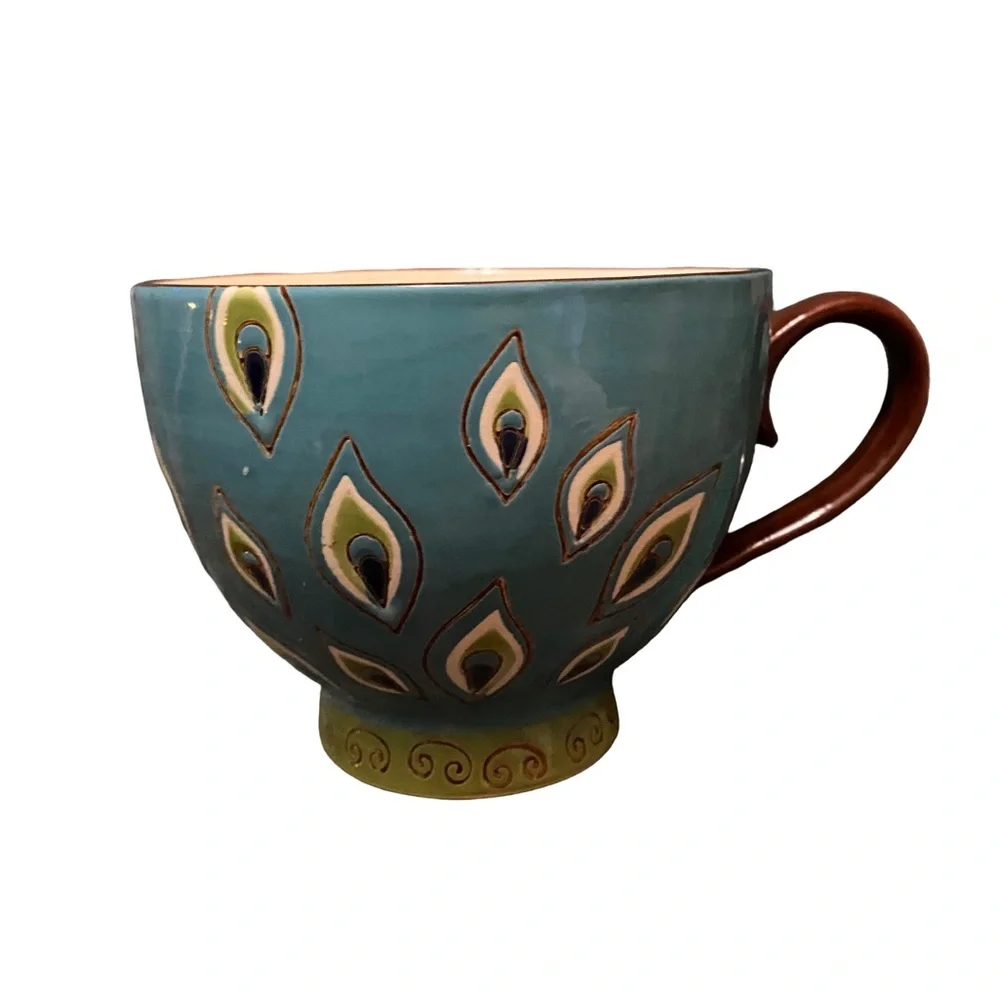 Pier 1 Imports Hand Painted Turquoise Dolomite Peacock‎ Pedestal Coffee/Tea Mug